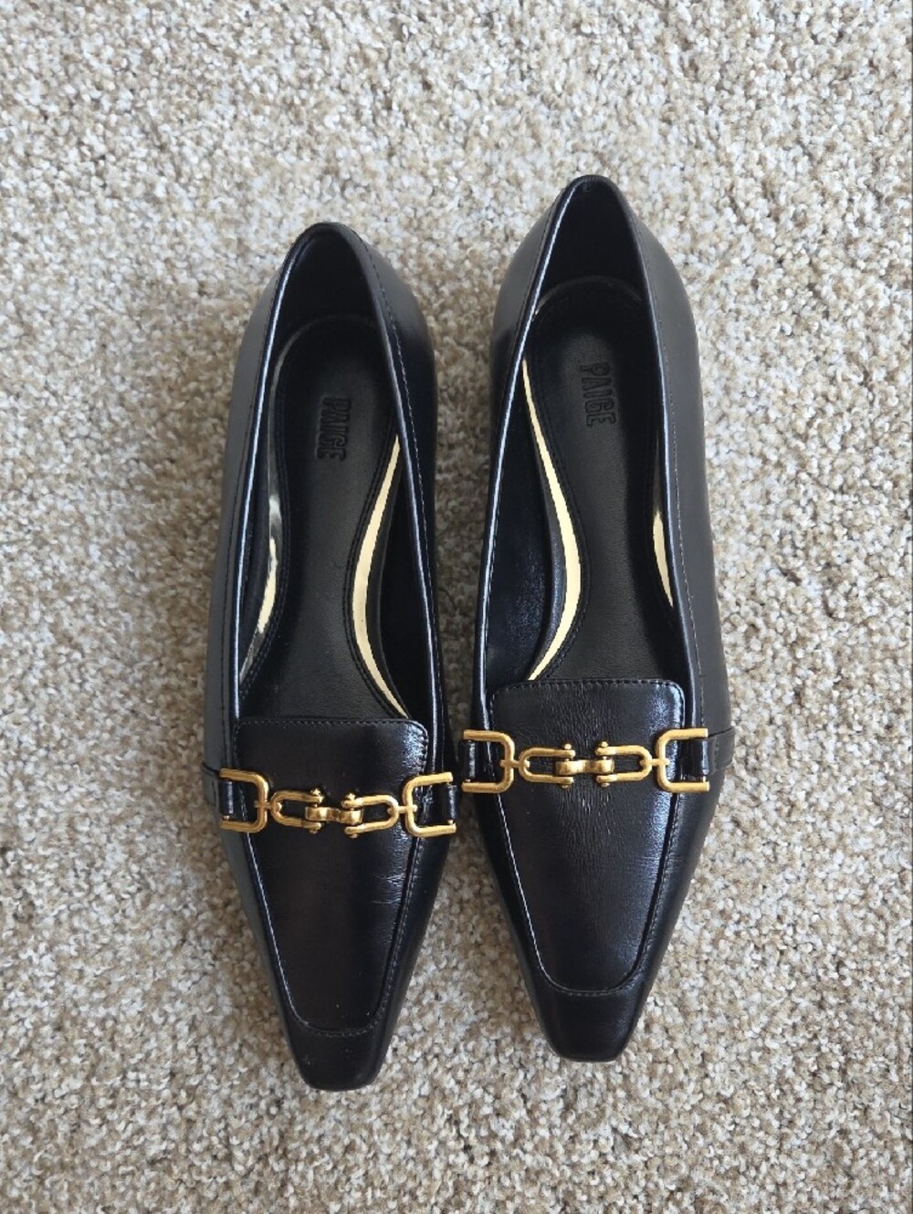 PAIGE Black Leather Loafers with Gold Bit Detail